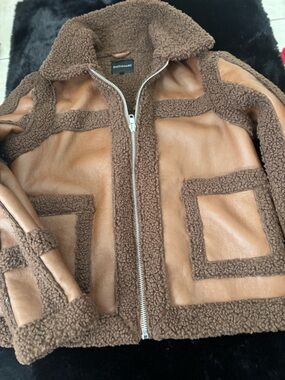 Brown Shearling Panel Zip Jacket